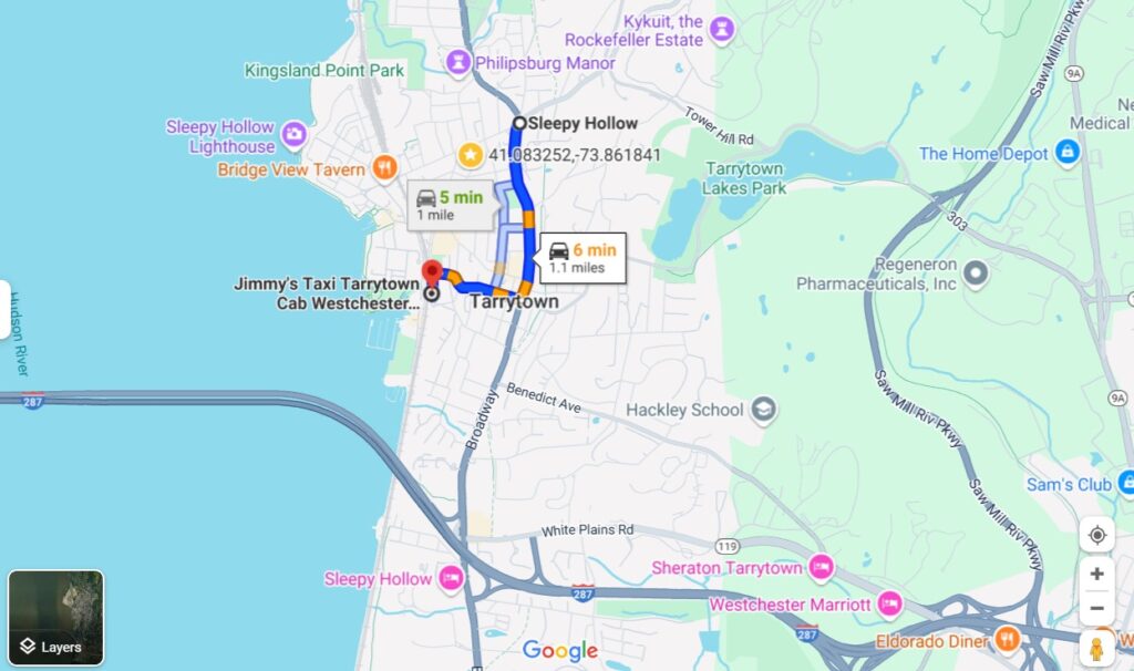 The Distance between Jimmy's taxi service to Sleepy Hollow NY