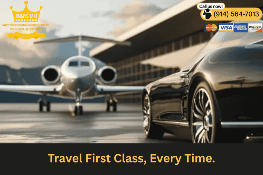 Person booking airport car service on a smartphone with East Irvington NY map in background