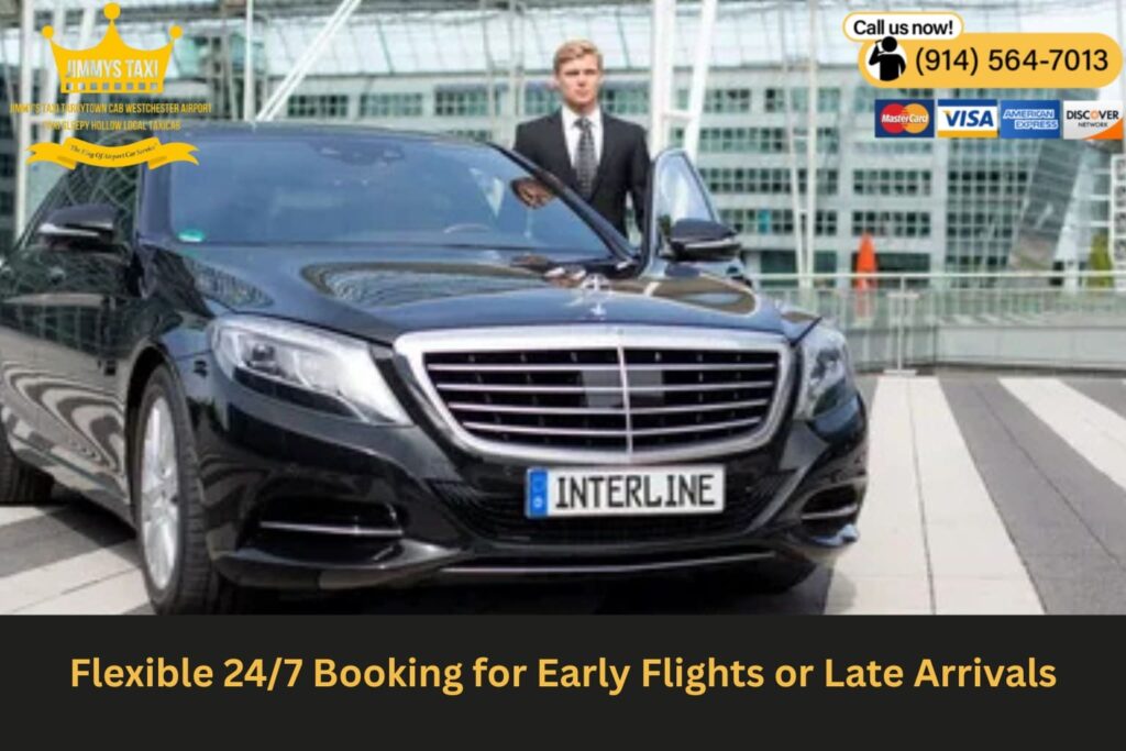 Luxury car waiting outside airport terminal at night