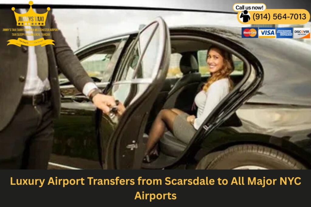 Black luxury car in residential Scarsdale neighborhood