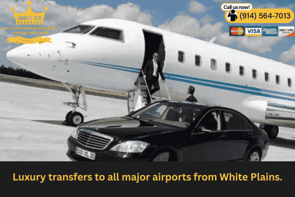 Map highlighting routes from White Plains to JFK, LGA, EWR, and HPN airports.