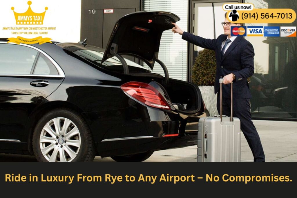 Luxury black sedan parked in front of upscale home in Rye.