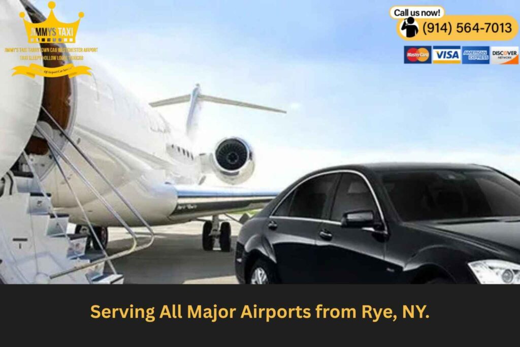 Map connecting Rye NY to JFK, LGA, EWR, and HPN.