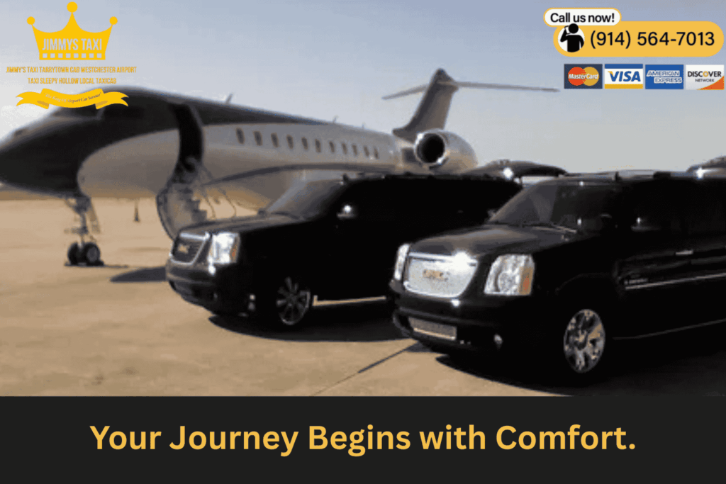 Fleet of luxury sedans, SUVs, and limousines ready for airport service in East Irvington