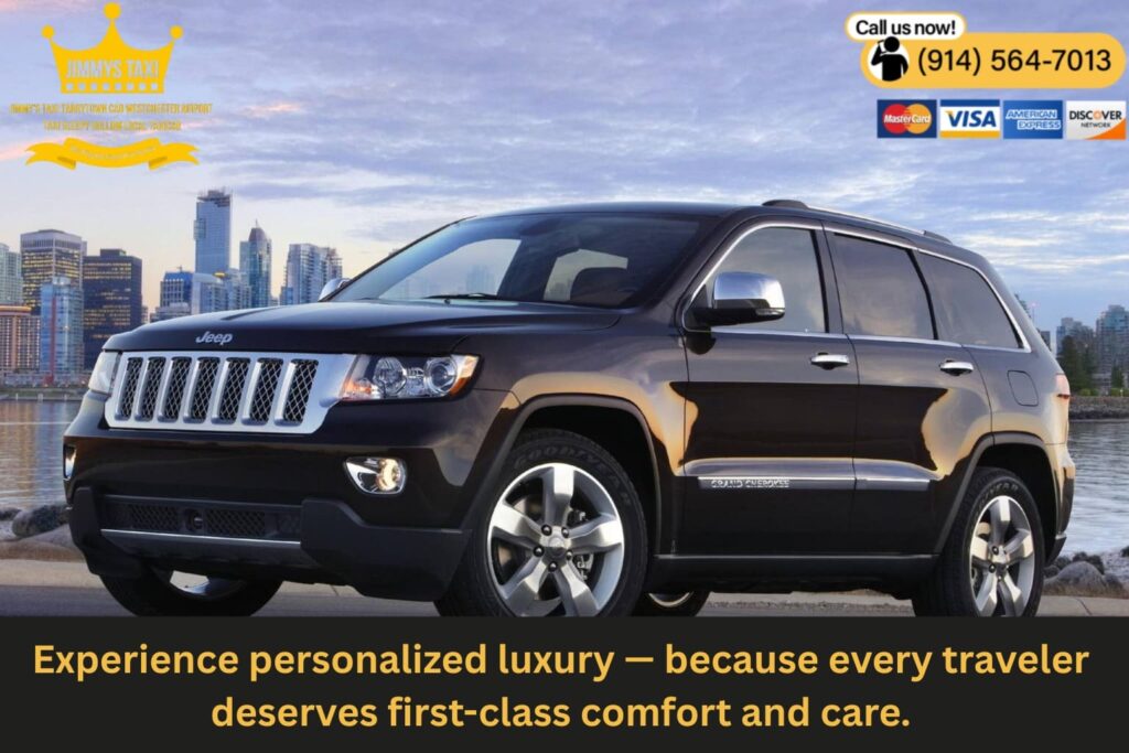 Luxury black SUV parked at scenic Hudson River overlook in Tarrytown NY