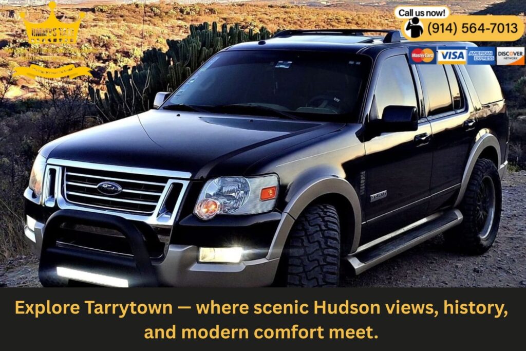 Downtown Tarrytown streets with view of Hudson River and historic buildings