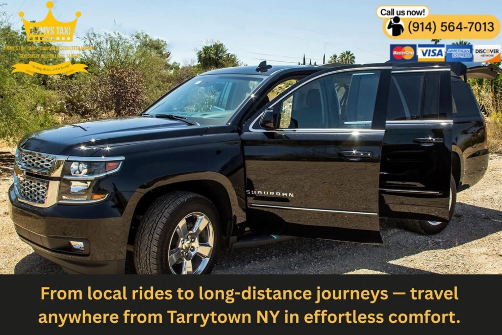 Black SUV driving along scenic Hudson Valley highway near Tarrytown