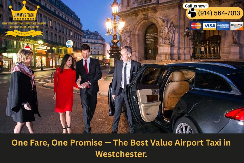 Jimmy’s Taxi car at HPN Airport with driver assisting passenger