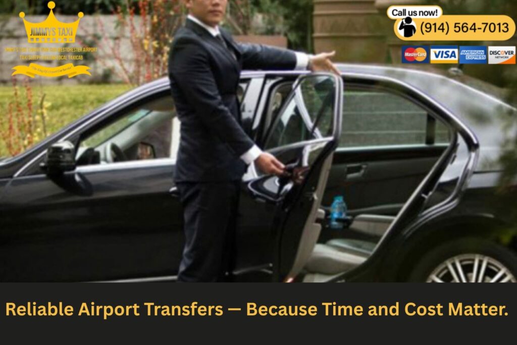 Passenger entering taxi outside HPN airport terminal