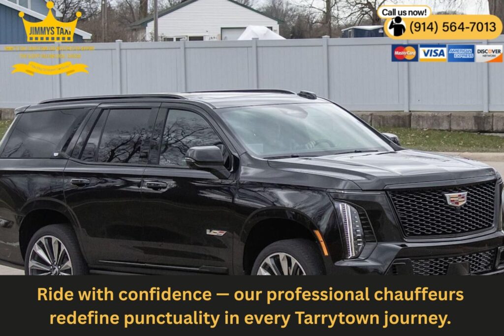Professional chauffeur assisting a passenger into a black SUV in Tarrytown NY