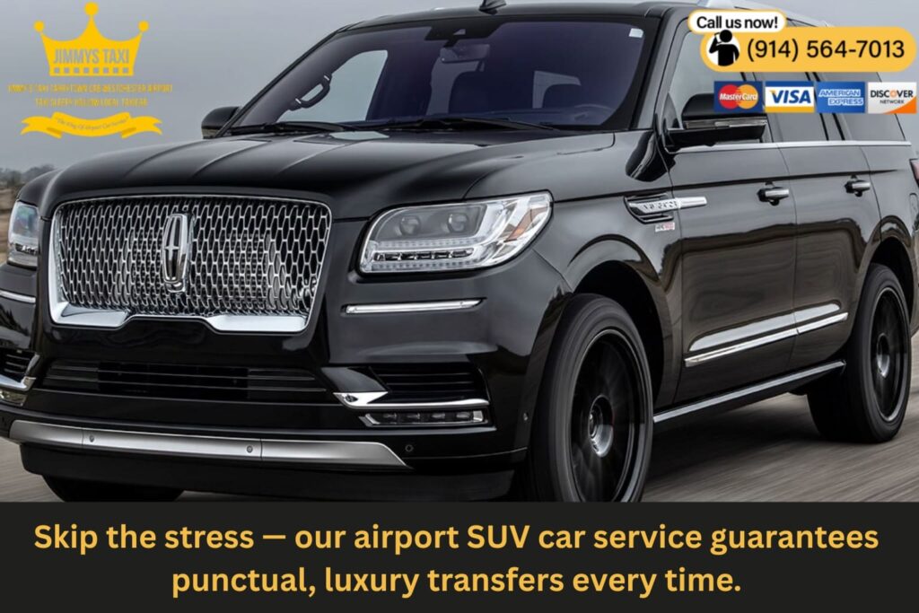 Black SUV parked at JFK airport terminal for passenger pickup