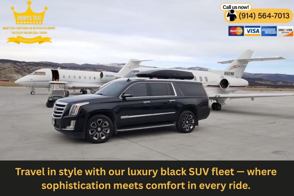 Luxury black SUV fleet lined up for service in Tarrytown NY