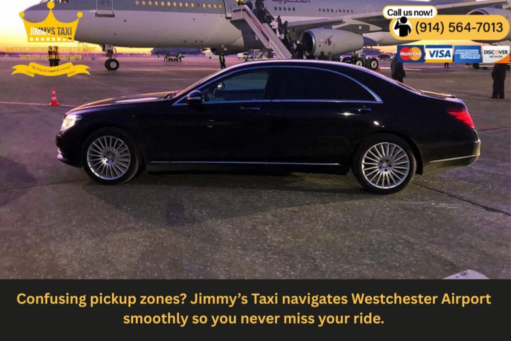 Westchester Airport pickup area with Jimmy’s Taxi waiting