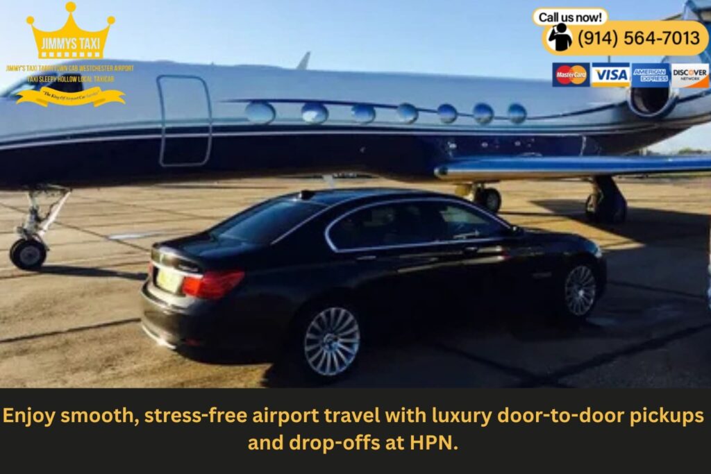 Luxury sedan waiting for passenger at Westchester County Airport HPN terminal