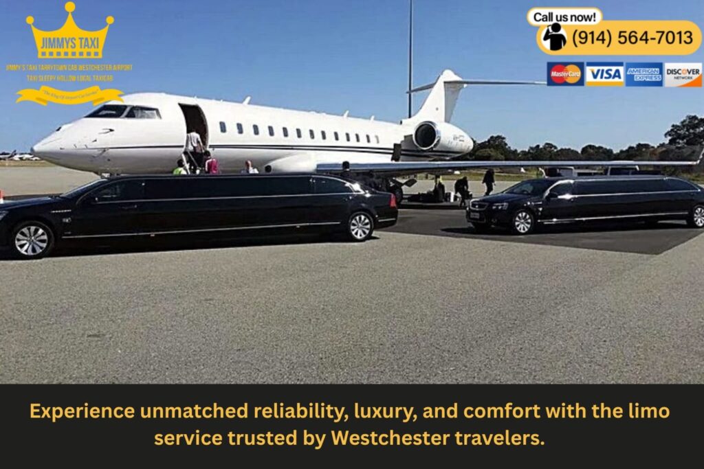 Professional chauffeur opening limo door for airport passenger in Westchester
