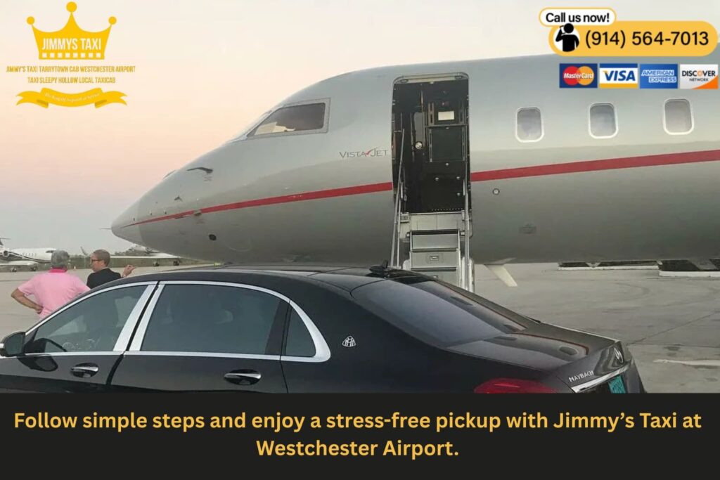 Passenger checking phone while waiting for Jimmy’s Taxi at HPN