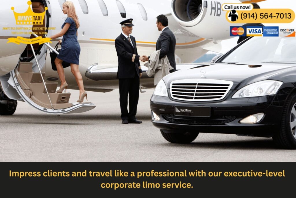 Corporate traveler entering black executive limo in Westchester