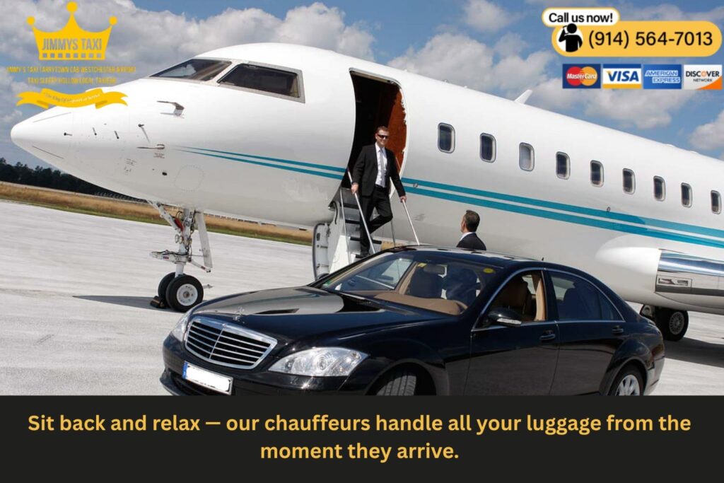 Chauffeur loading passenger luggage into black limo at airport