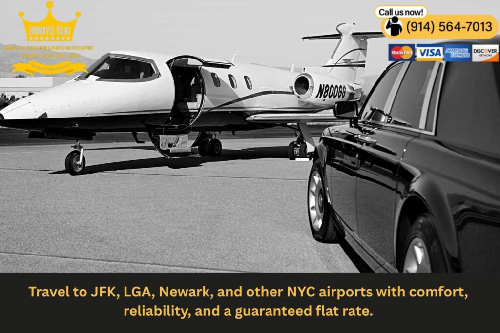 Black limo driving toward New York City airports for passenger pickup